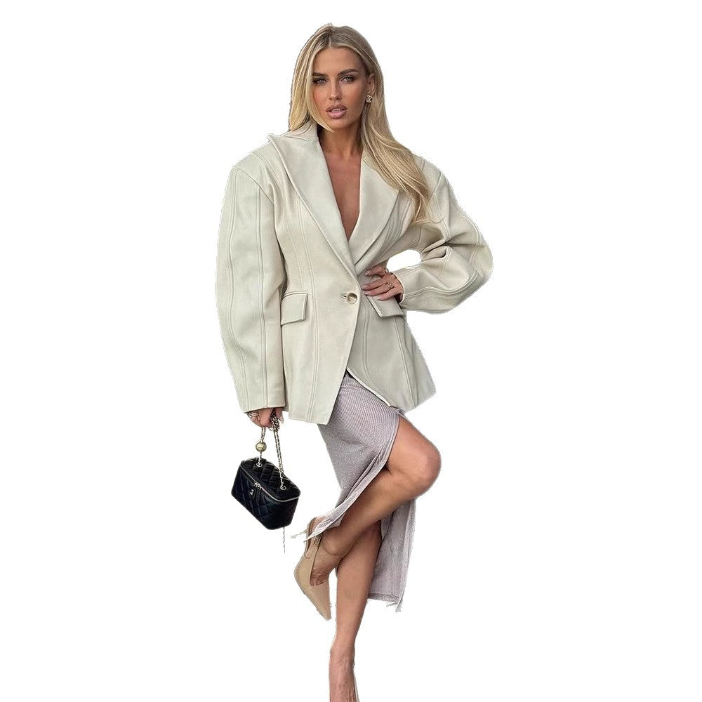 Women Tailored Faux Leather Blazer with Princess Seams and Structured Shoulder Mune Fashion