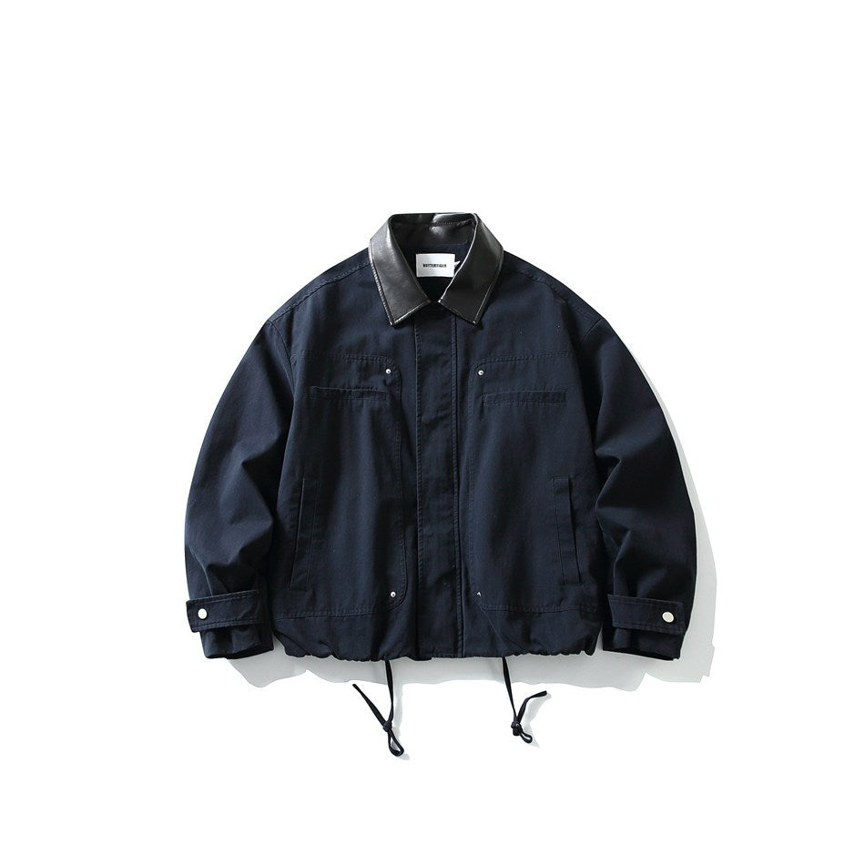 Men's short-cut boxy blouson jacket with faux leather collar, drawstring hem, and snap button cuffs Mune Fashion