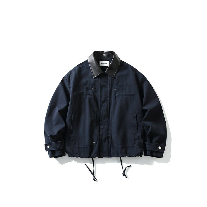 Men's short-cut boxy blouson jacket with faux leather collar, drawstring hem, and snap button cuffs Mune Fashion