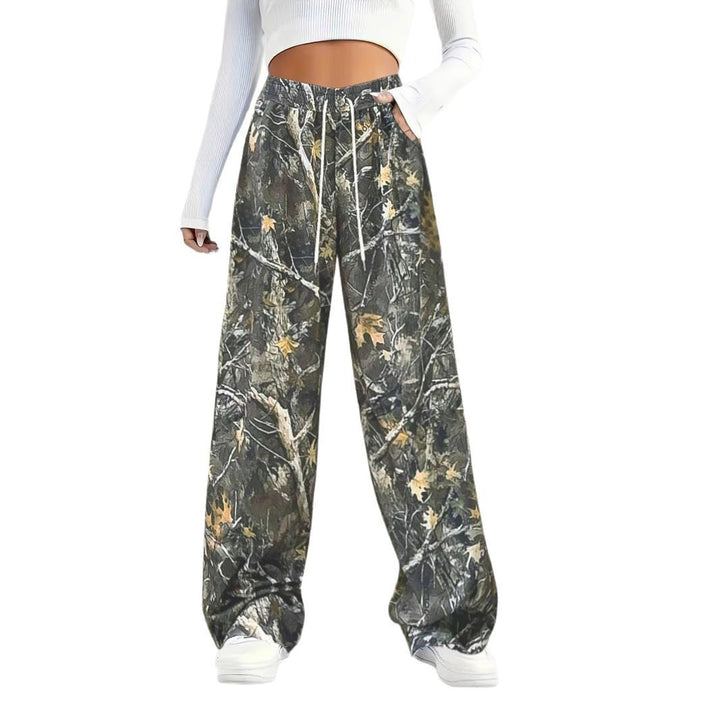 Women's Wide Palazzo Lounge Pants in Camouflage Leaf Pattern with Elastic Waistband, Drawstring and Side Pockets Mune Fashion