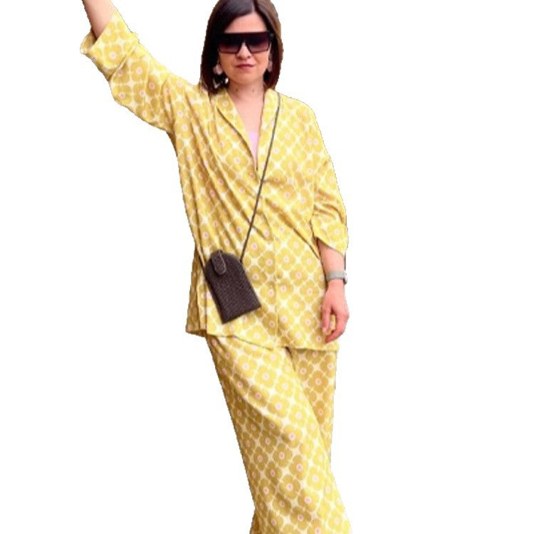 Women's Loose Lounge Two-Piece with Shirt Blouse and Balloon Pants Mune Fashion
