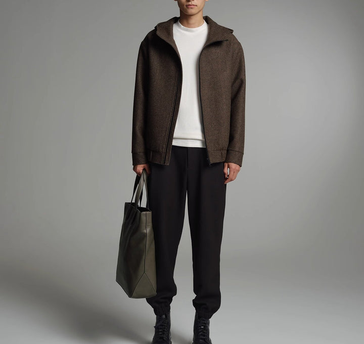 Men's Short Wool Blend Zipped Hoodie with Elastic Hem Mune Fashion
