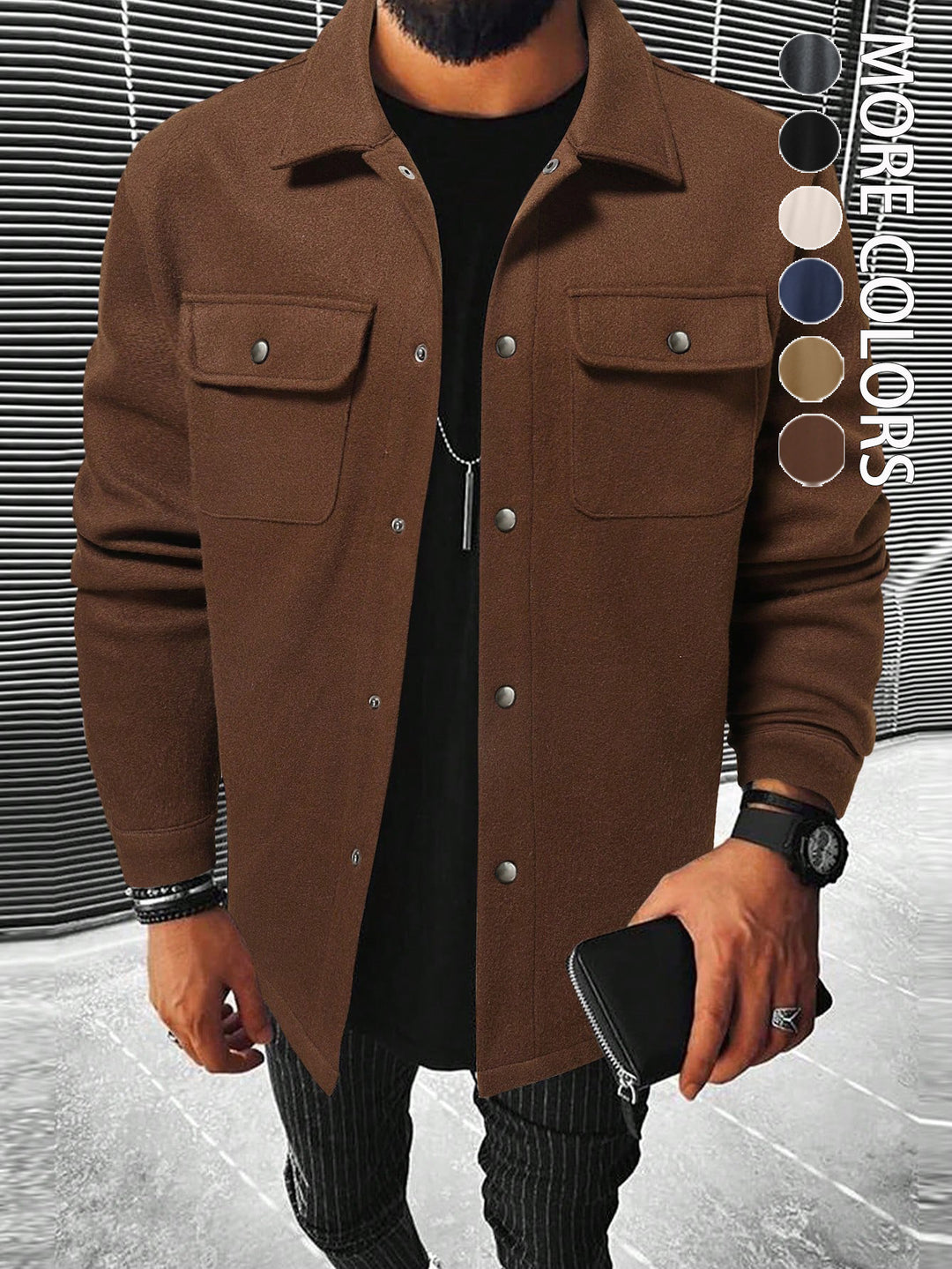 Men's shirt jacket made of wool blend with snap buttons and patch pockets Mune Fashion