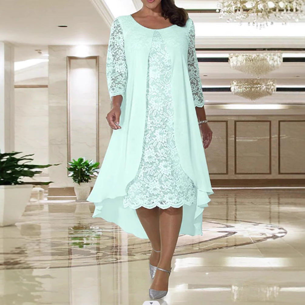 Ladies' elegant chiffon lace dress with high-low overlay and three-quarter sleeves Mune Fashion