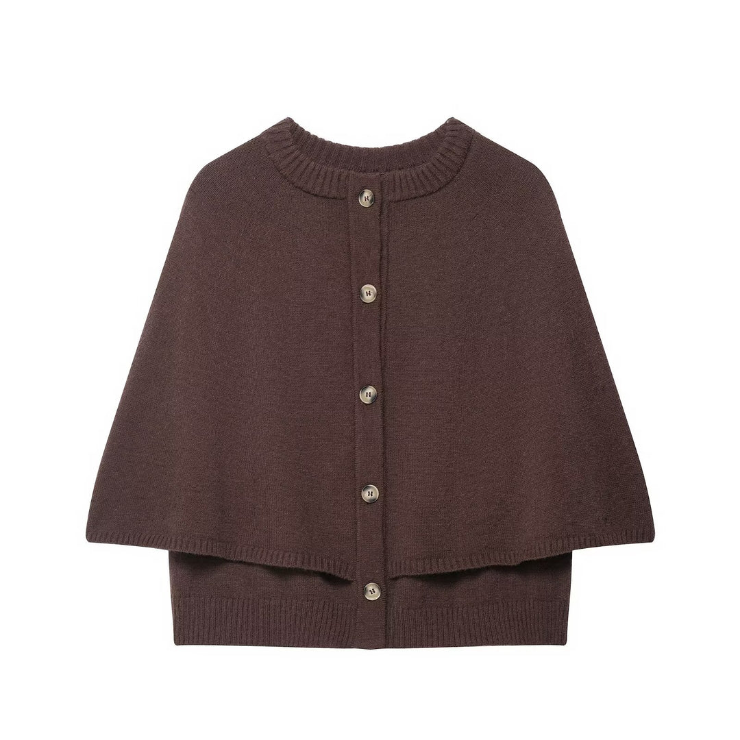 Women Cape Cardigan with Button Placket and Two-Layer Cape Mune Fashion