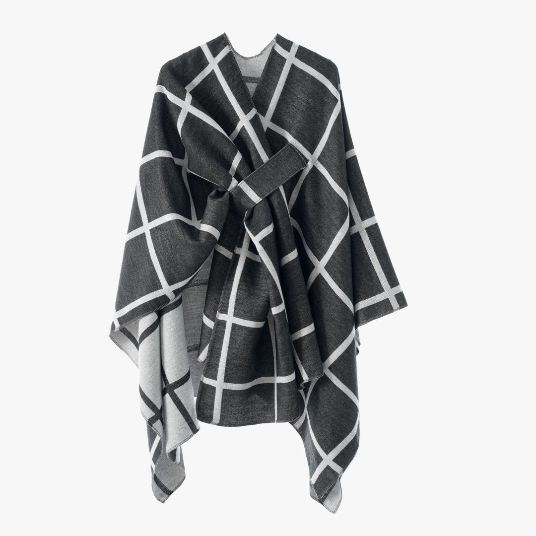 Women's Oversize Poncho made of fine knit with waistband and check pattern Mune Fashion