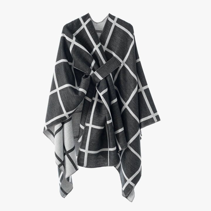 Women's Oversize Poncho made of fine knit with waistband and check pattern Mune Fashion