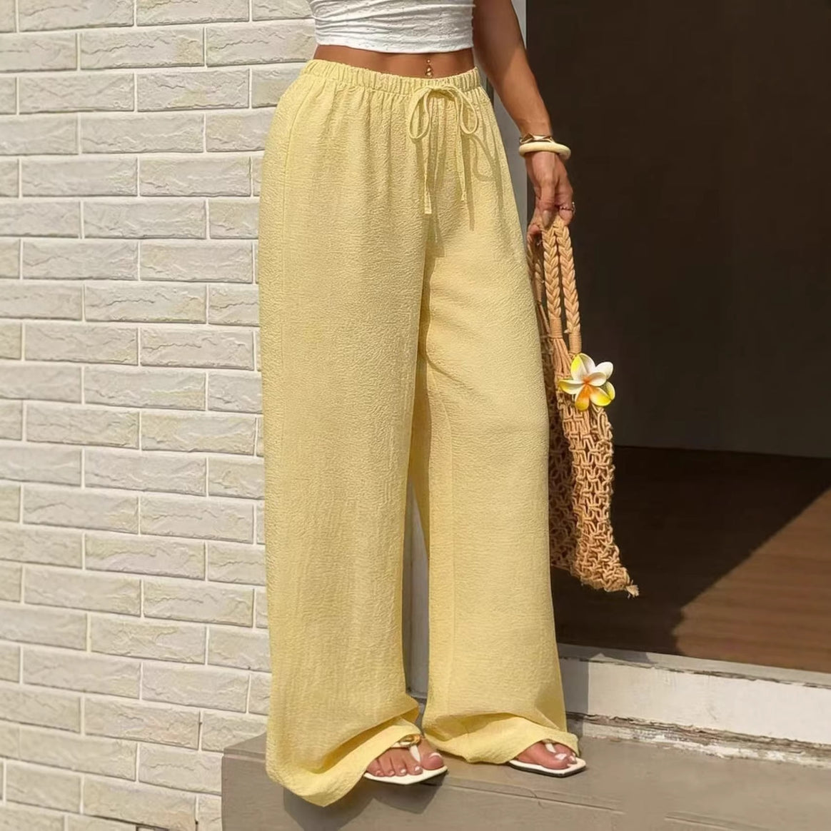 Women's Lightweight Linen Pants with Wide Leg and Drawstring Mune Fashion