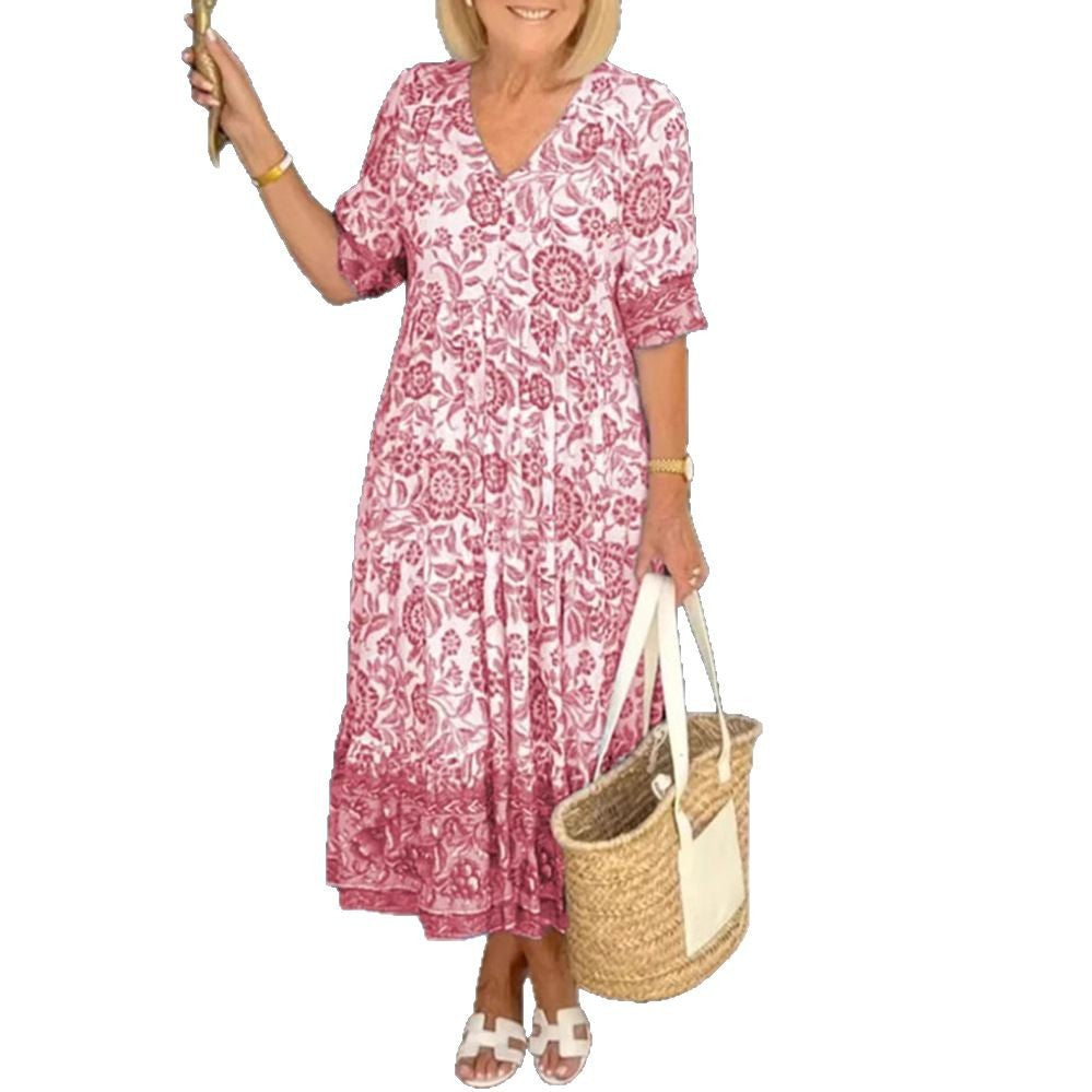 Women's Casual Tiered Midi Dress with V-Neck, Gathered Yoke and Ruffled Hem Mune Fashion
