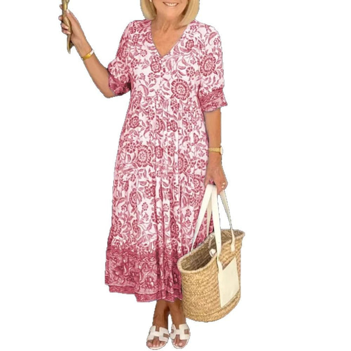 Women's Casual Tiered Midi Dress with V-Neck, Gathered Yoke and Ruffled Hem Mune Fashion