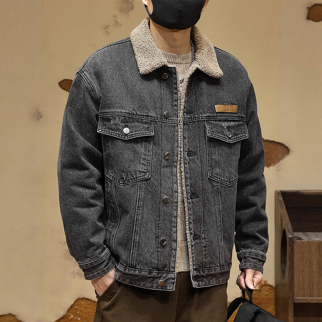 Men's Cozy Denim Jacket with Faux Fur Collar Mune Fashion