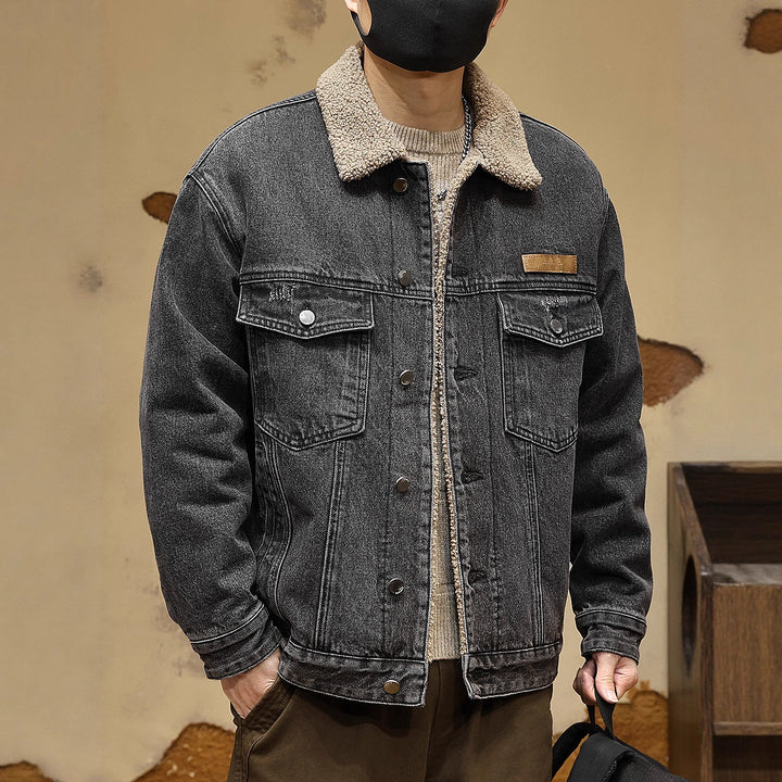 Men's Cozy Denim Jacket with Faux Fur Collar Mune Fashion
