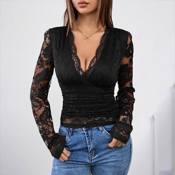 Women’s figure-hugging lace top with deep V-neck, gathered waist and transparent long sleeves Mune Fashion