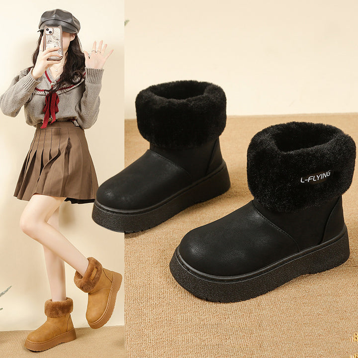 Women's Cozy Platform Ankle Boots with Faux Fur Collar and Non-Slip Rubber Sole Mune Fashion