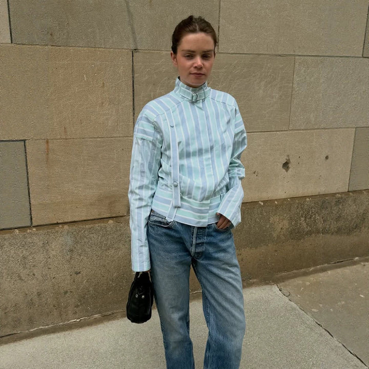 Women's Structured Blouse with Stand Collar, Waist Belt and Vertical Stripe Design Mune Fashion