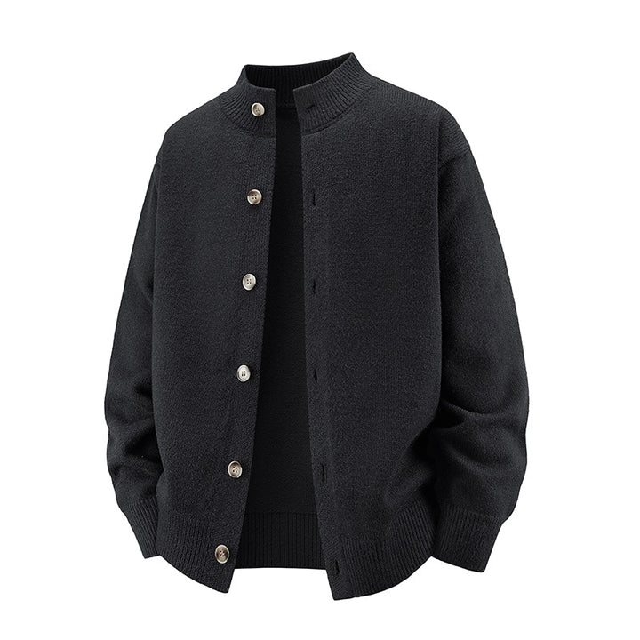 Men's chunky knit cardigan with stand-up collar, full button placket & ribbed hem Mune Fashion