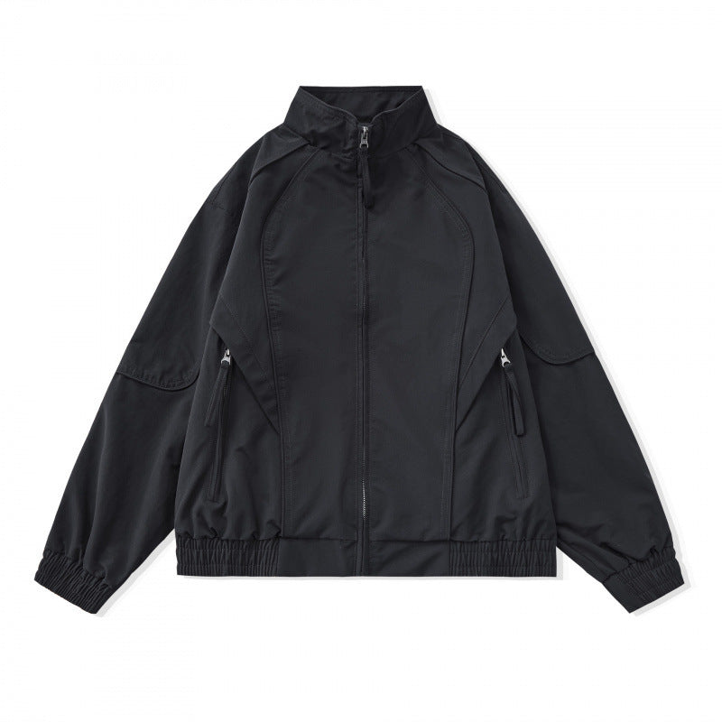 [Unisex] Lightweight Boxy Transitional Jacket with Stand Collar, Raglan Sleeves, and Zipper Pockets Mune Fashion