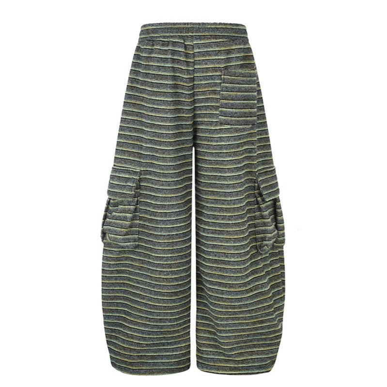 Women's Wide Palazzo Cargo Pants with Drawstring Waistband, Adjustable Hem Cords, and Striped Jacquard Structure Mune Fashion