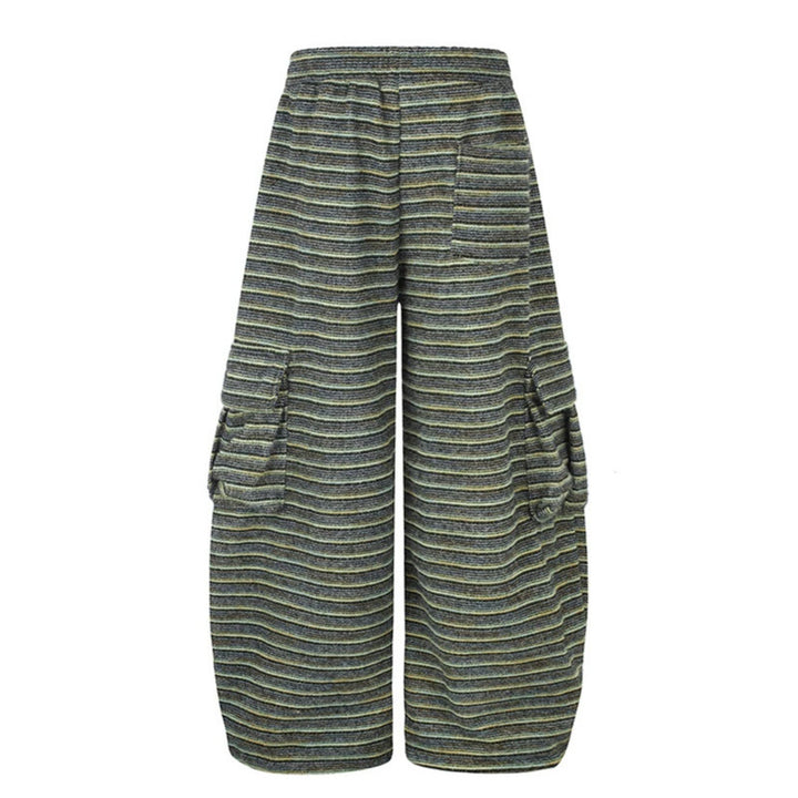 Women's Wide Palazzo Cargo Pants with Drawstring Waistband, Adjustable Hem Cords, and Striped Jacquard Structure Mune Fashion