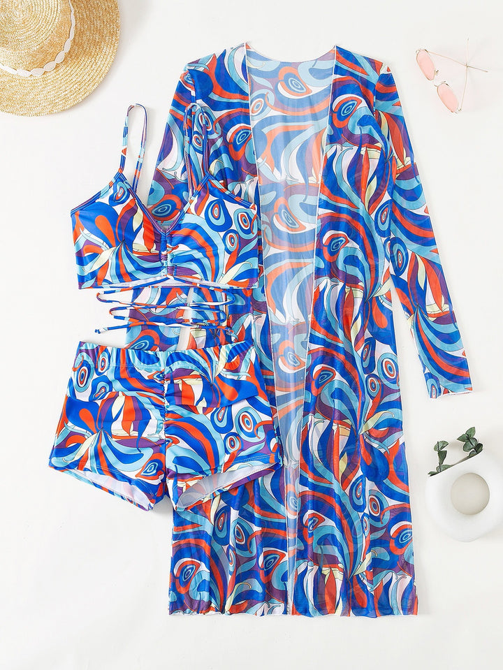 Damen Strandanzug mit leichtem Kimono und buntem Unterteil Echo Archiv
