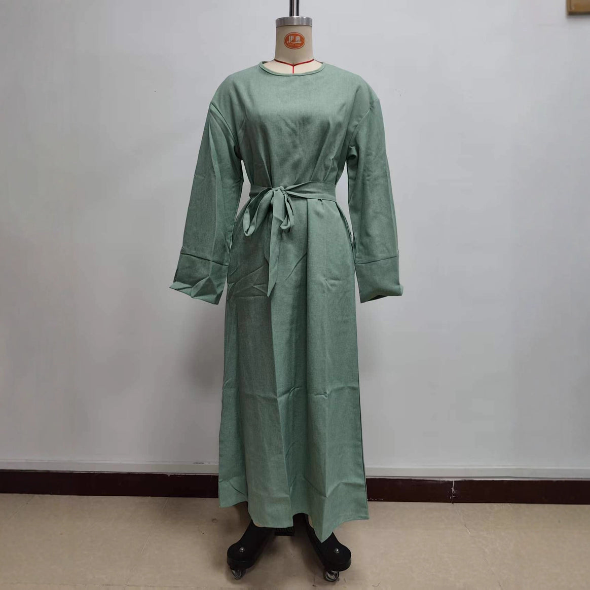 Women’s maxi dress made of linen blend with waistband and wide cuff Mune Fashion
