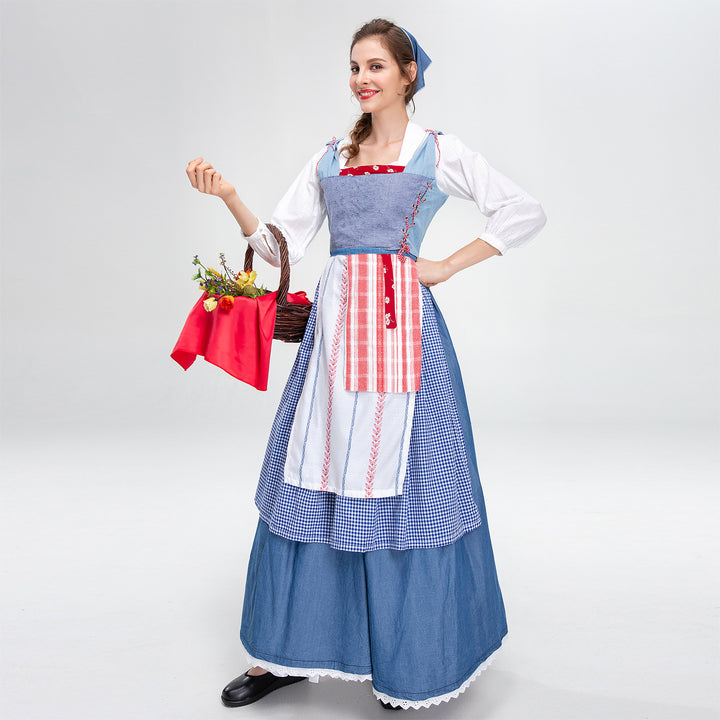 Ladies' rural traditional dress with bib bodice and layered apron Mune Fashion