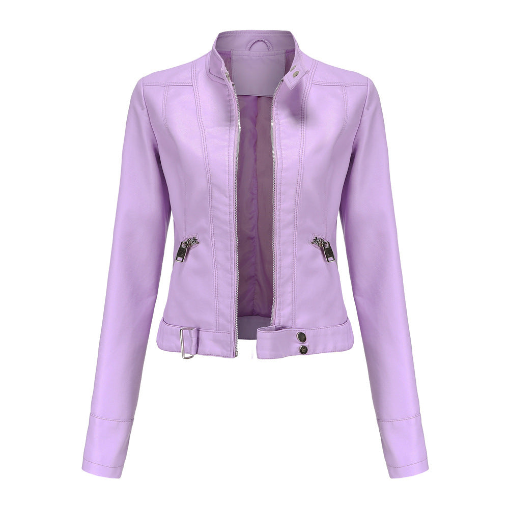 Women's short fitted faux leather jacket in racer style with stand-up collar and zip pockets Mune Fashion
