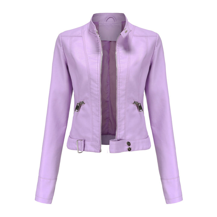 Women's short fitted faux leather jacket in racer style with stand-up collar and zip pockets Mune Fashion