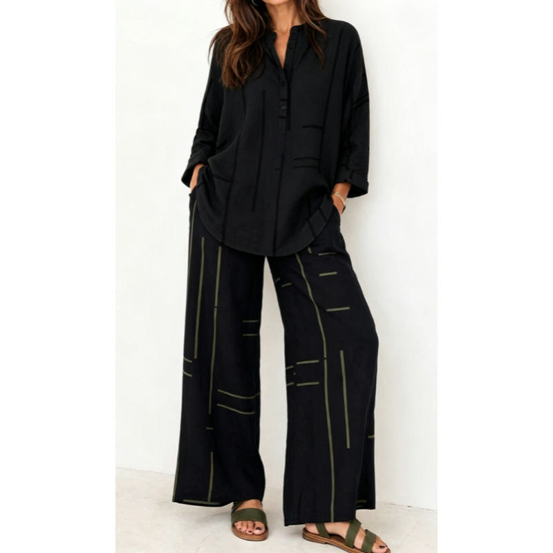 Women Oversized Tunic and Wide Palazzo Pants with Graphic Stripe Print and Henley Collar Mune Fashion