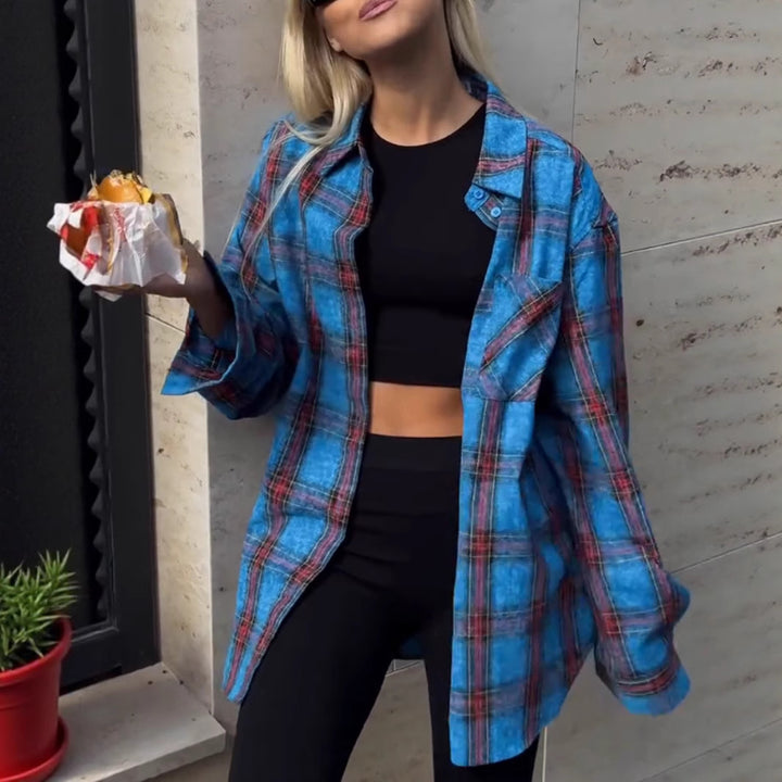 Women's checked oversized flannel shirt jacket with applied breast pocket Mune Fashion