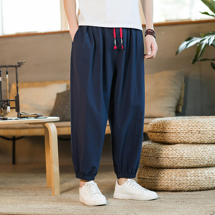 Men's loose harem pants with elastic waistband and decorative drawstring Mune Fashion