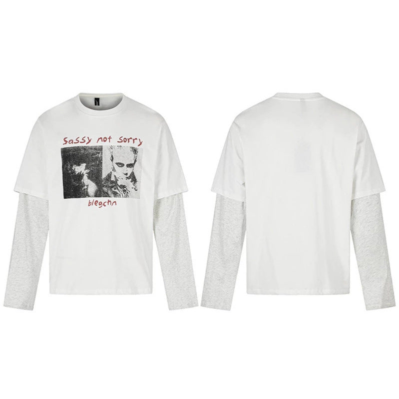 Women's Layered Long Sleeve Shirt in Layer Look with Photo Print and Contrast Sleeves Mune Fashion