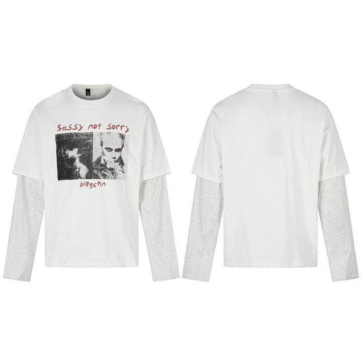 Women's Layered Long Sleeve Shirt in Layer Look with Photo Print and Contrast Sleeves Mune Fashion