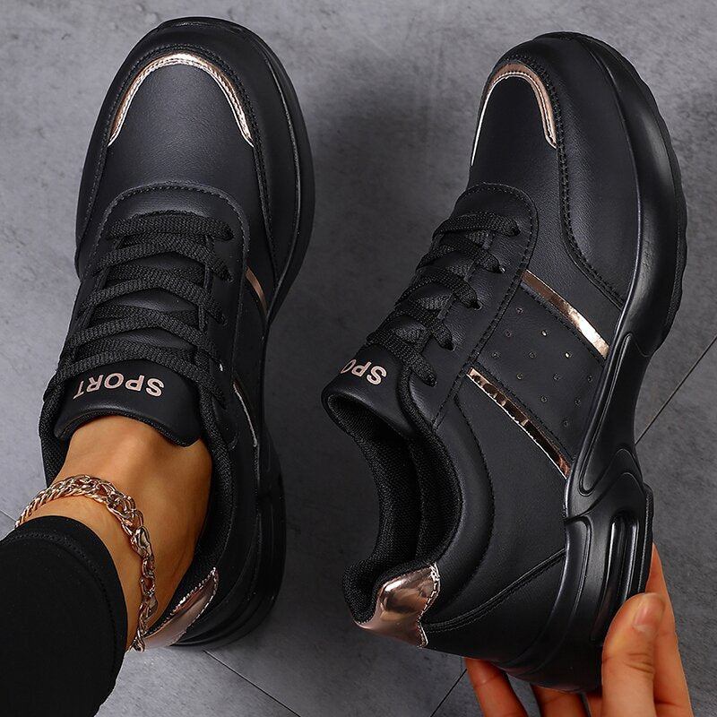 Women's Platform Sneaker with Air-Cushioned Padding, Leather Look & Metallic Accents Mune Fashion