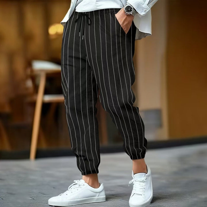 Men's striped linen look joggers with drawstring, elastic hem, and side pockets Mune Fashion