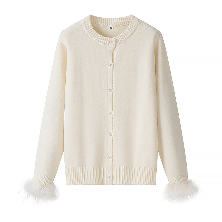 Women's knitted cardigan with pearl-button placket and feather trim Mune Fashion