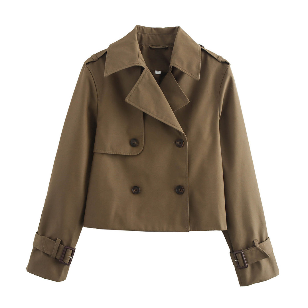 Ladies Cropped Trench Coat in Boxy Cut with Double Breasted and Cuff Straps Mune Fashion