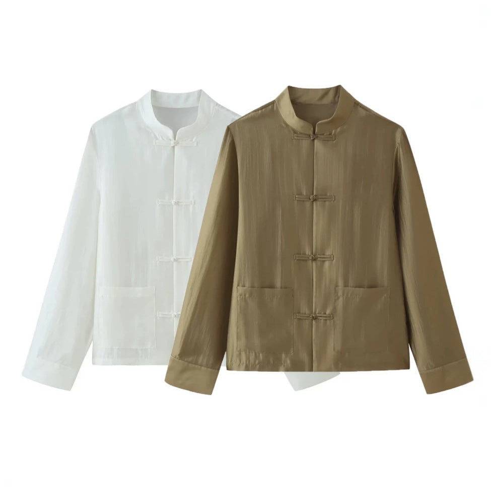 Men's lightweight mandarin jacket with stand-up collar, knot closures, and patch pockets Mune Fashion