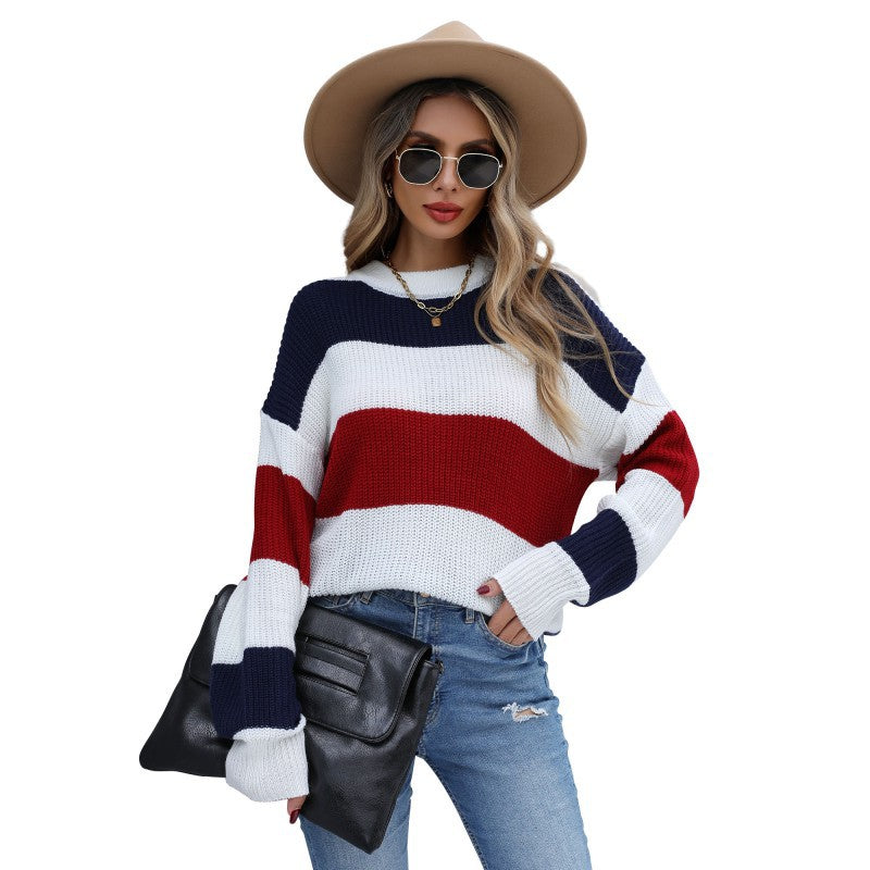 Women's Striped Chunky Knit Sweater with Round Neck and Dropped Shoulders Mune Fashion
