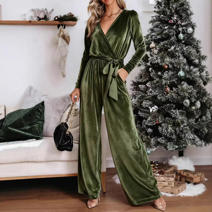 Women's Velvet Jumpsuit with Wrap V-Neck, Wide Leg and Waist Belt Drune