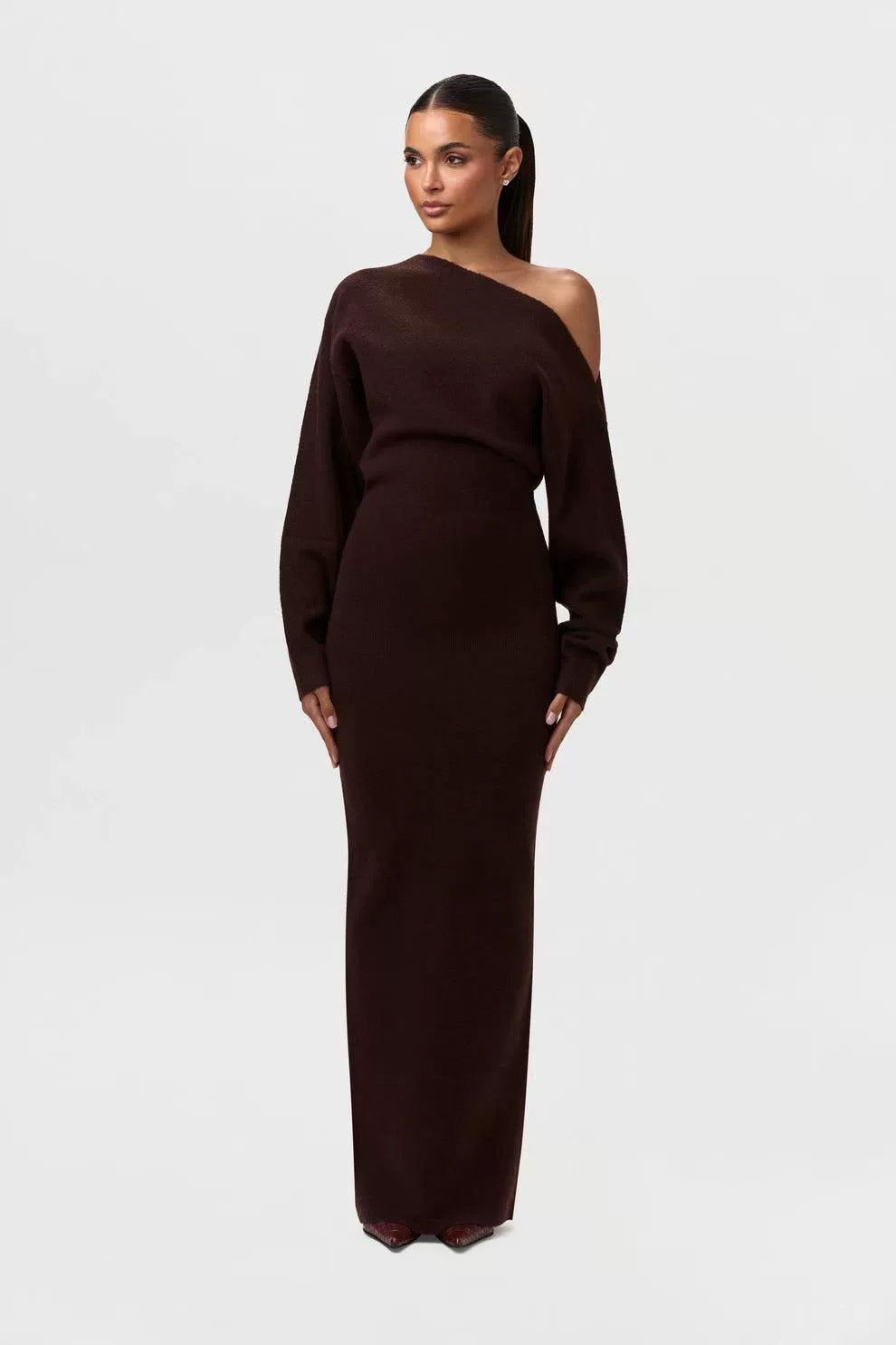 Women's One-Shoulder Maxi Knit Dress with Oversized Sleeves Mune Fashion