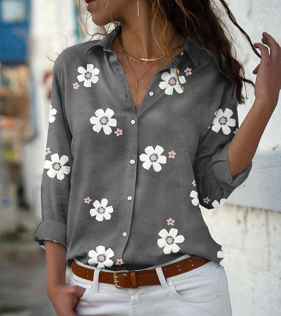 Women's loose shirt blouse with floral print and rolled sleeves Mune Fashion