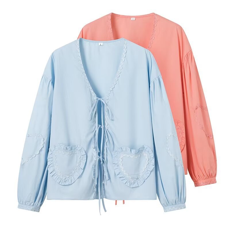 Women's Long-Sleeved V-Neck Blouse with Ties and Heart Ruffle Pockets Mune Fashion