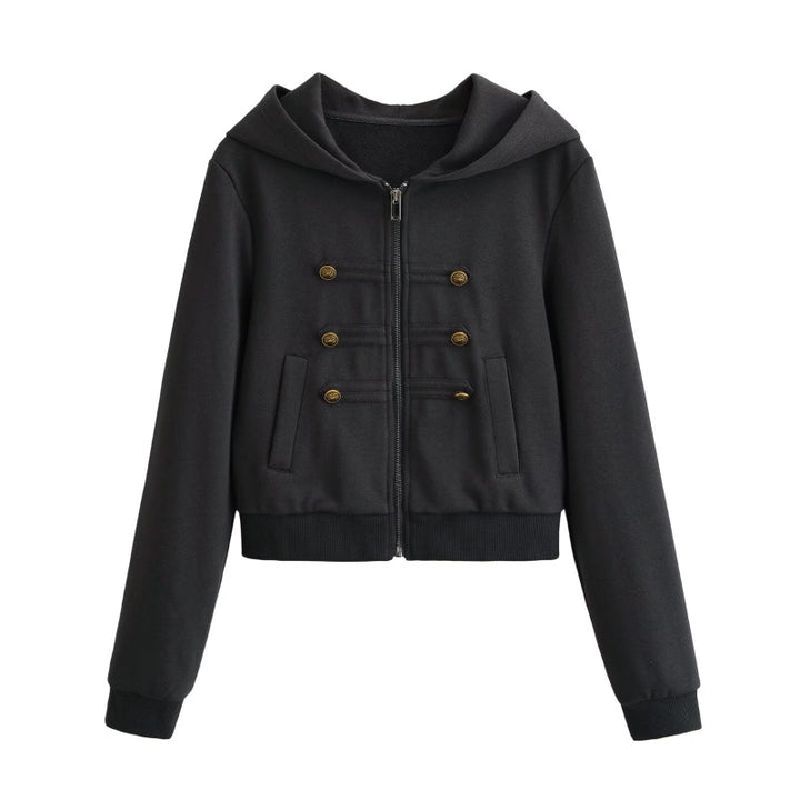 Women's Cropped Hooded Blouson in Military Look with Decorative Button Placket and Ribbed Hem Mune Fashion