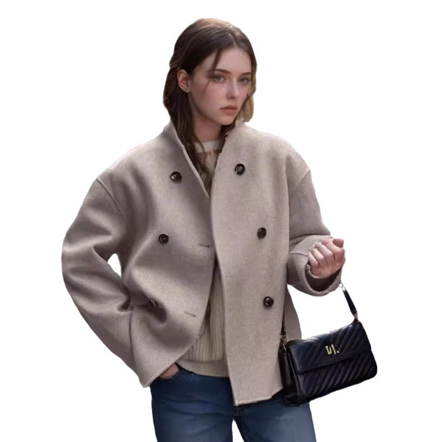 Women Cropped Boucle Boxy Jacket in Double-Breasted with Drop Shoulder Mune Fashion