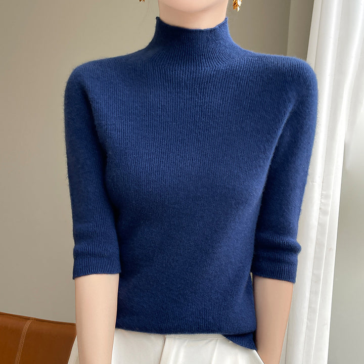 Women's Short Sleeve Mock Neck Sweater with Fluffy Angora Look Mune Fashion