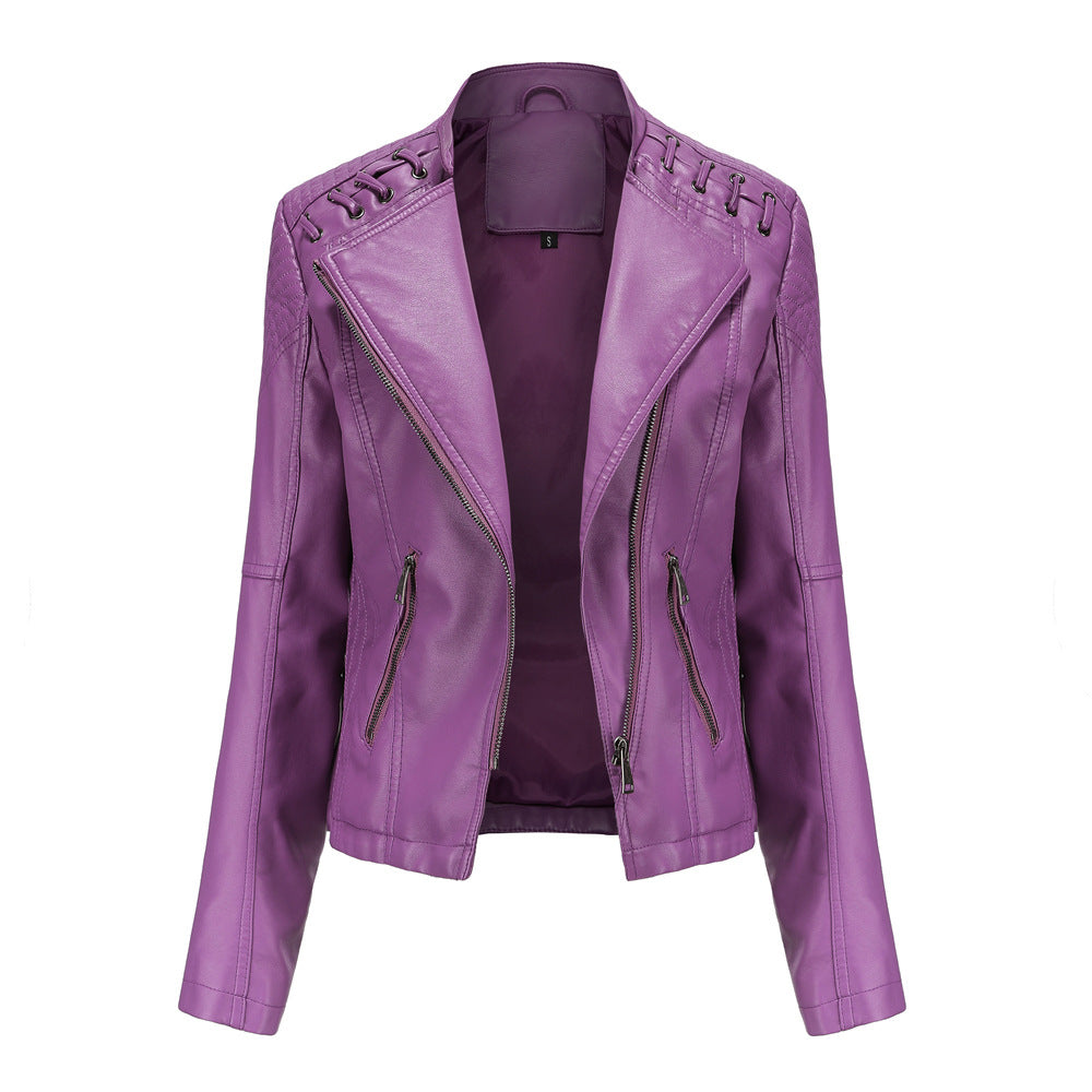 Women's short biker jacket made of faux leather with decorative eyelet lacing on the shoulders Mune Fashion