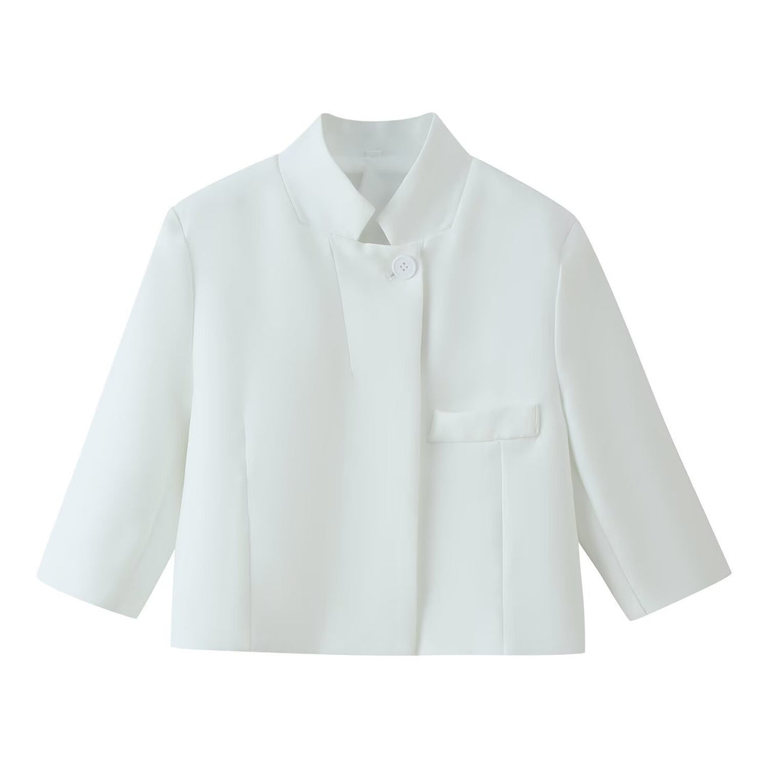 Women Boxy Short Jacket with Stand Collar and Three-Quarter Sleeves Mune Fashion