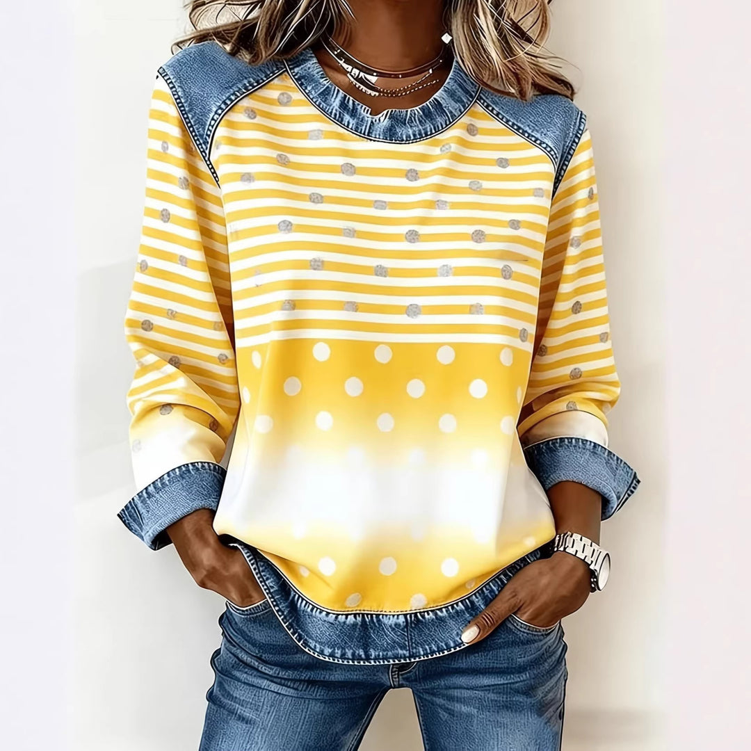 Women's fashionable sweatshirt with check pattern and denim details