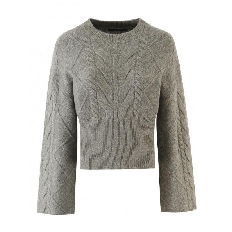 Women's Short-Cut Braided Knit Sweater with Wide Sleeve and Ribbed Hem Mune Fashion